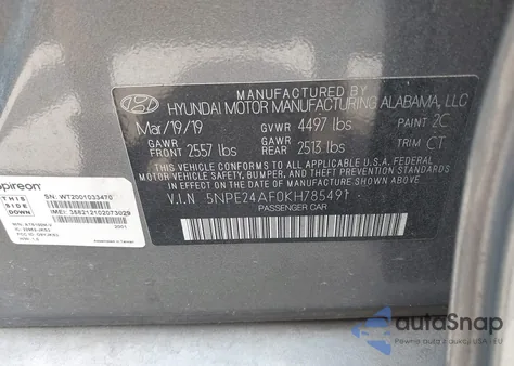 2019 Hyundai Sonata Se из США, поврежденный, VIN 5NPE24AF0KH785491